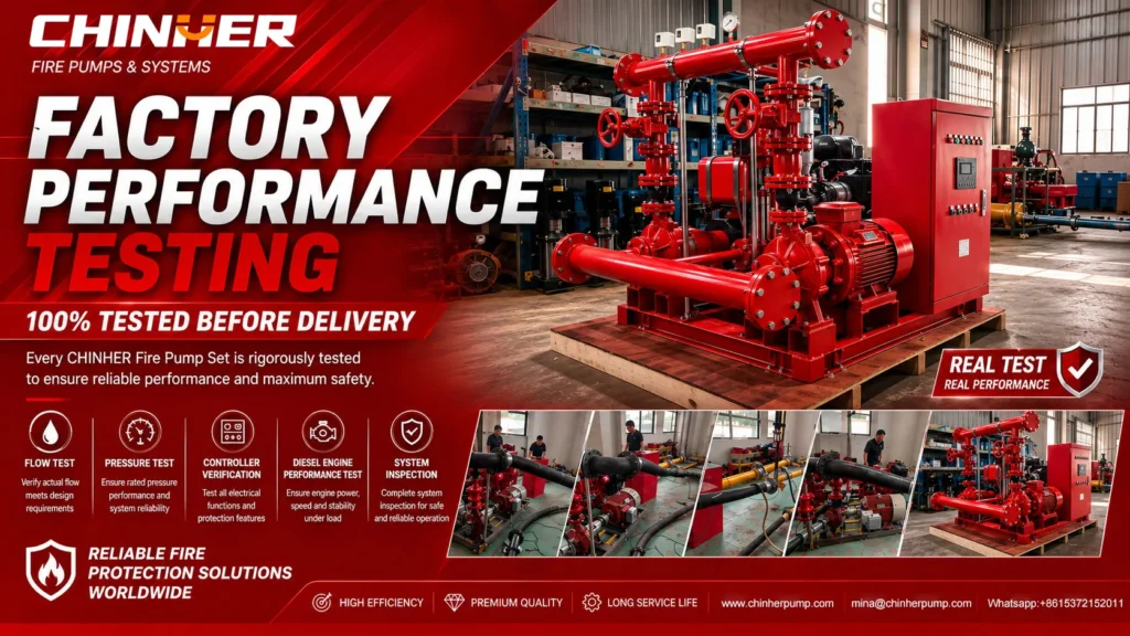 Electric fire pump performance testing before shipment at CHINHER factory